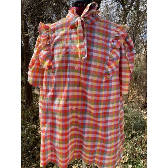 Vintage 1970s Plaid Seer Sucker Peasant Blouse With Tags Size 44 - Picture 12 of 16